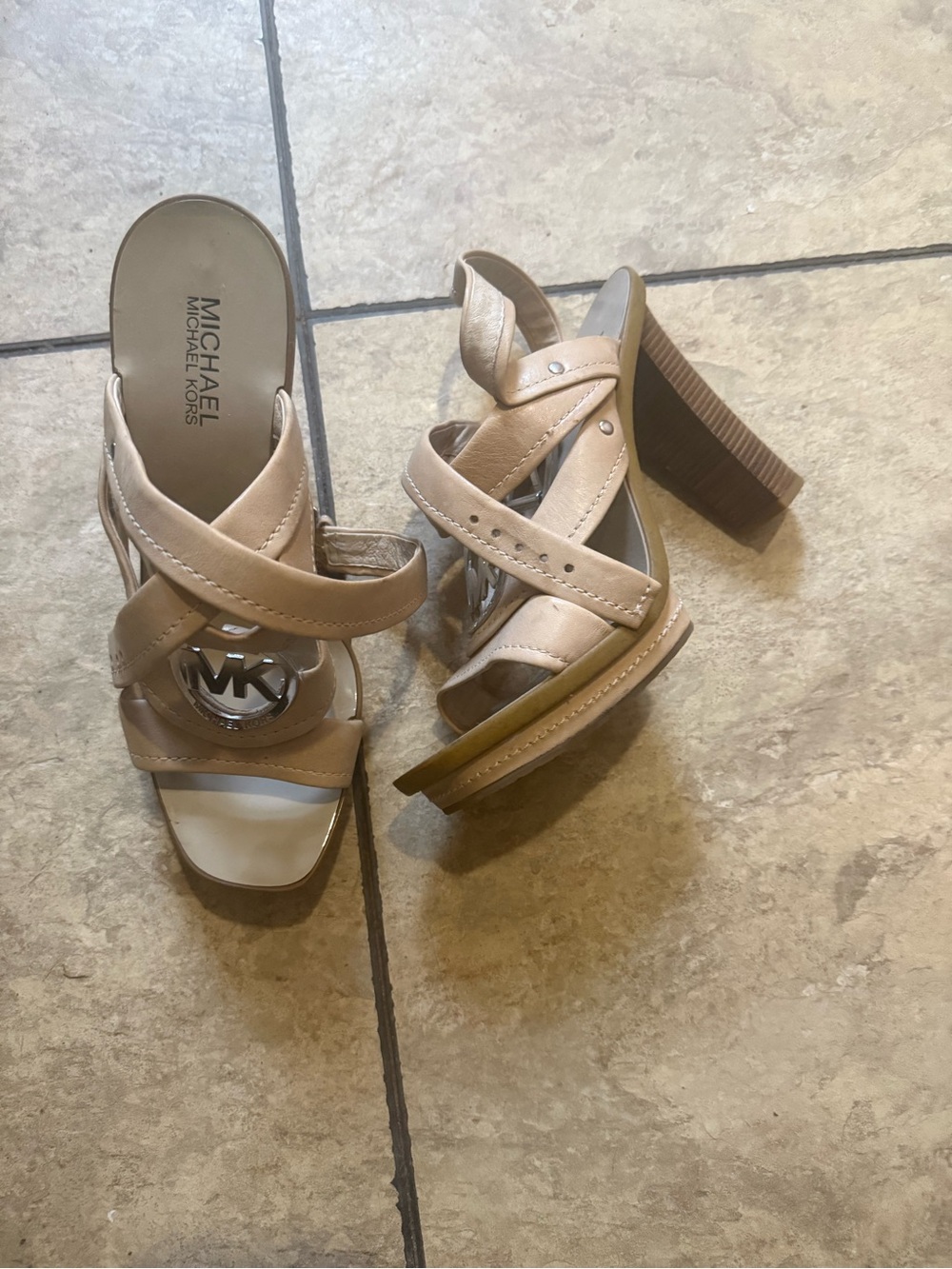 Michael Kors Beige Tan Leather Strappy Block Heel Mules